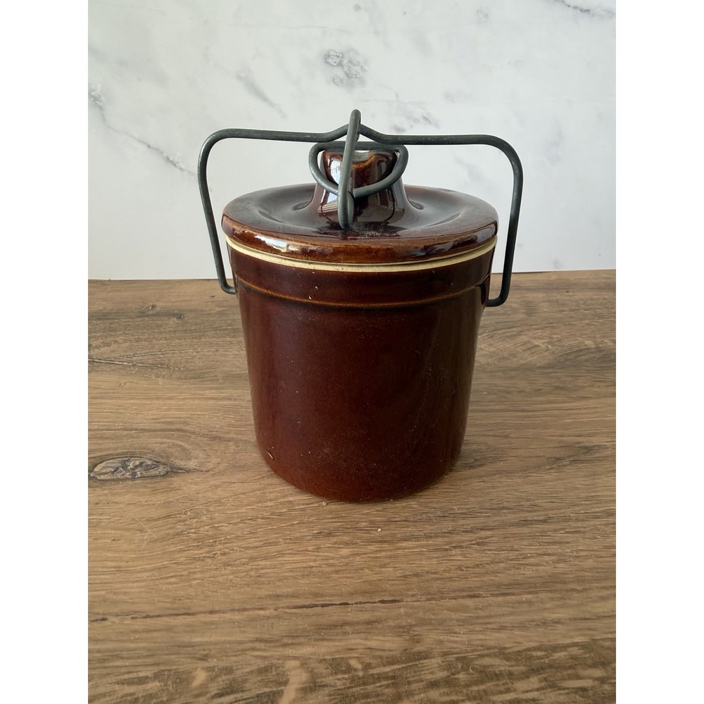 VINTAGE Brown Glaze Cheese  & Butter Crock Jar w/ Locking Wire Bail Lid